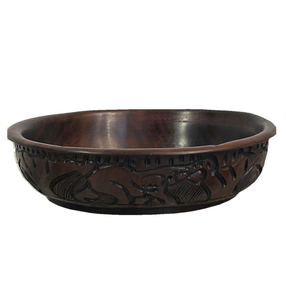 African Handcrafted Wooden Bowl Intricately Carved Safari Animals Exterior 7.25”